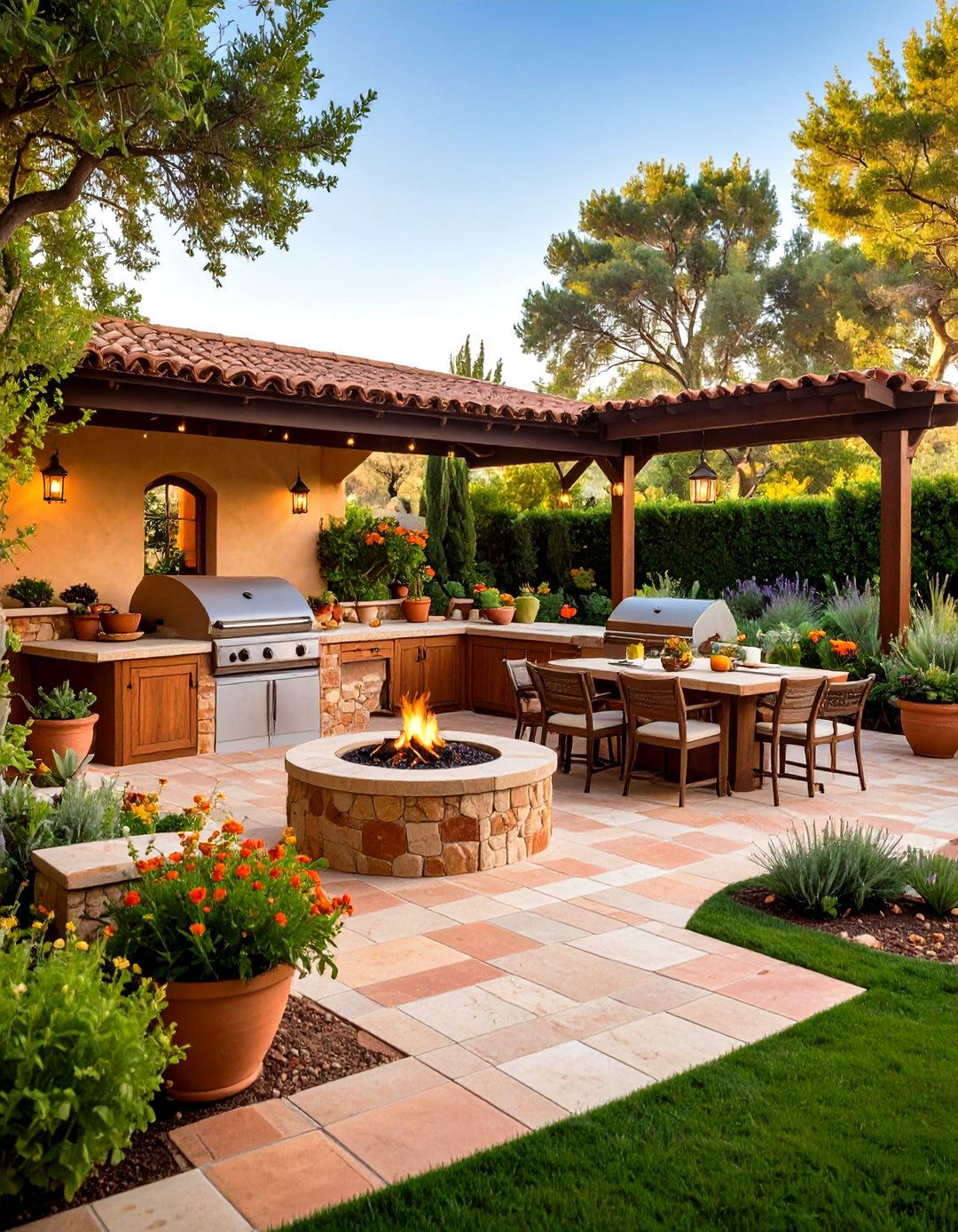 Mediterranean Inspired Outdoor Kitchen Oasis - 24 Large Backyard Landscaping Ideas