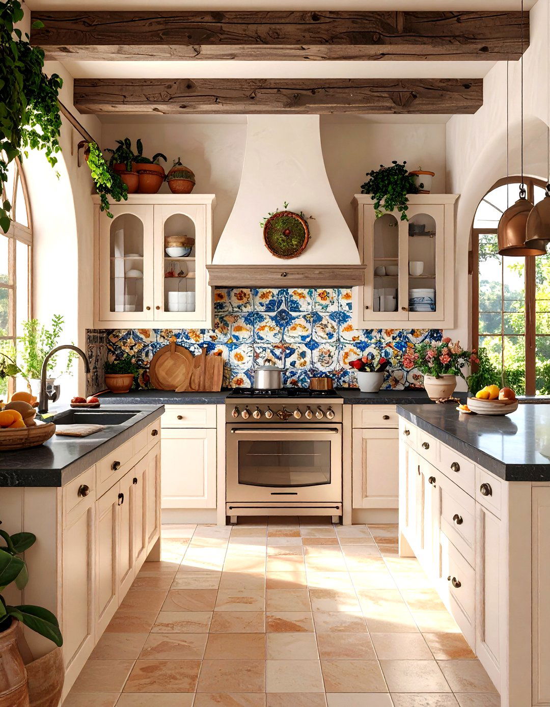 Mediterranean Kitchen with Light Cabinets and Dark Travertine Countertops - 24 kitchen with dark countertops and light cabinets