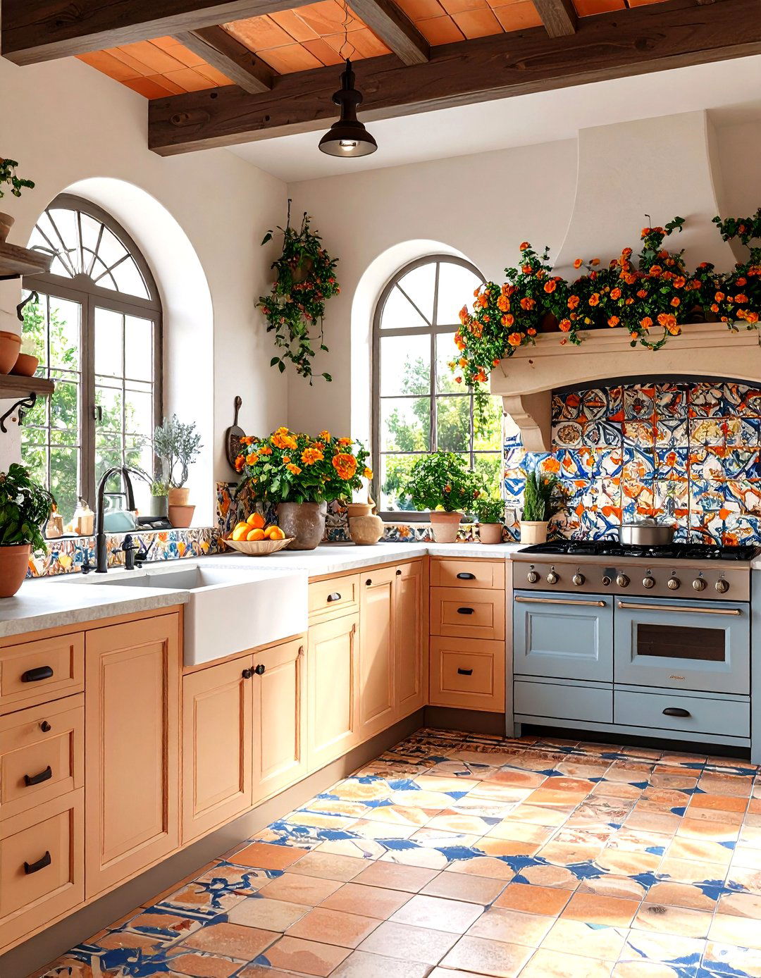 Mediterranean Kitchen with Terra Cotta and Natural Stone - 24 Sloped Ceiling Kitchen Ideas