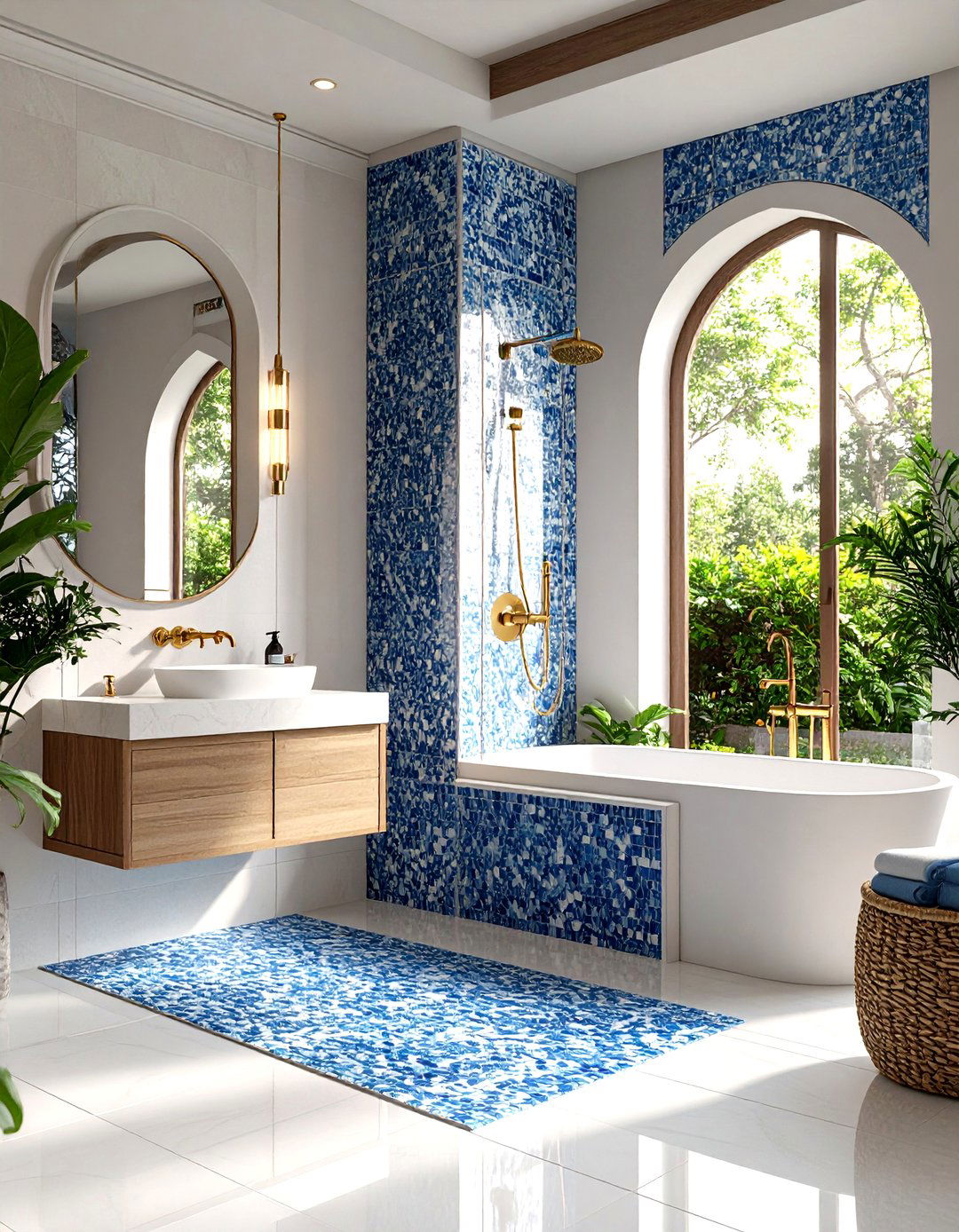 Mediterranean Mosaic Walk in Shower with Tiled Bench - 24 Walk in Shower Ideas With Bench