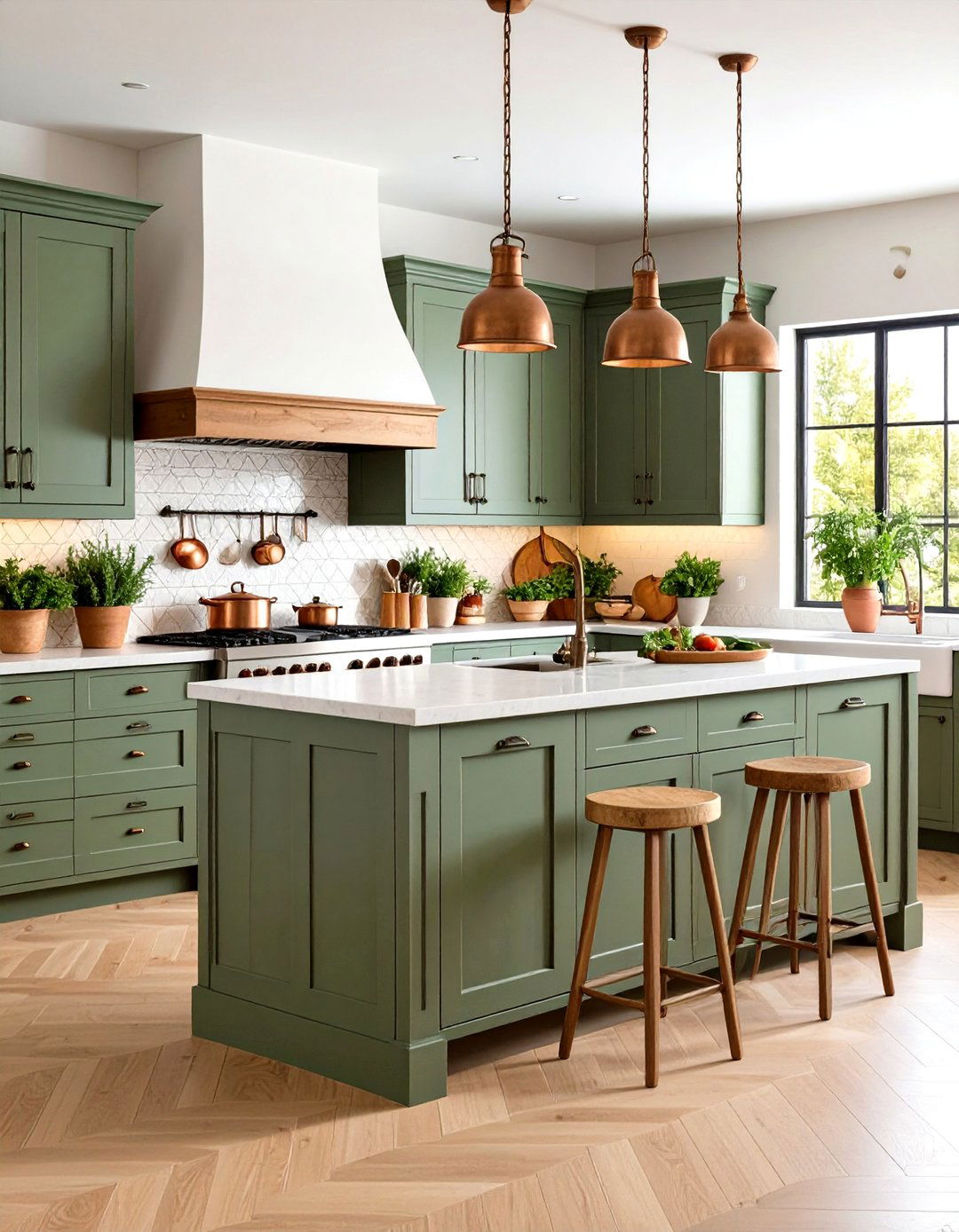 Mediterranean Sage Green Kitchen with Terracotta Accents - 24 Sage Green Kitchen Cabinets With Butcher Block Countertops