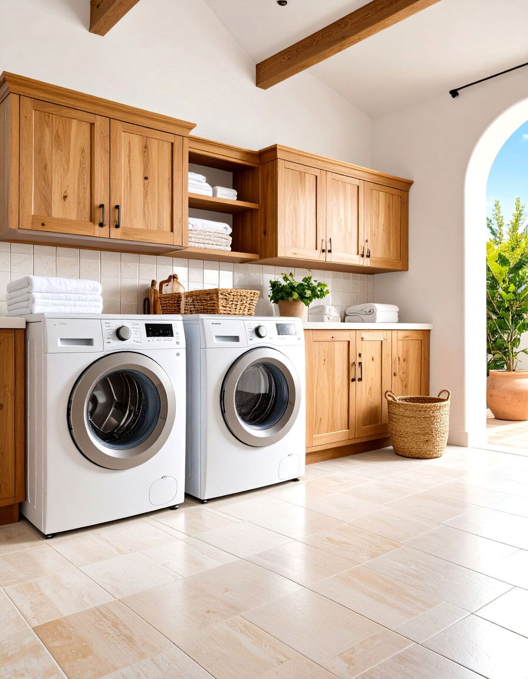 Mediterranean Stackable Laundry Courtyard Design - 24 Stackable Laundry Room Ideas