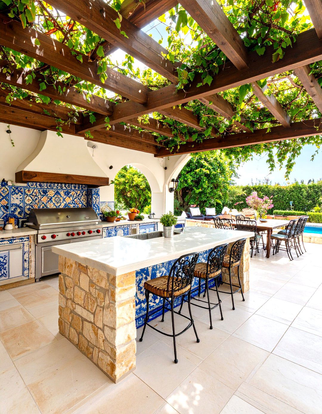 Mediterranean Stone Kitchen with Pergola - 24 Luxury Outdoor Kitchen Ideas