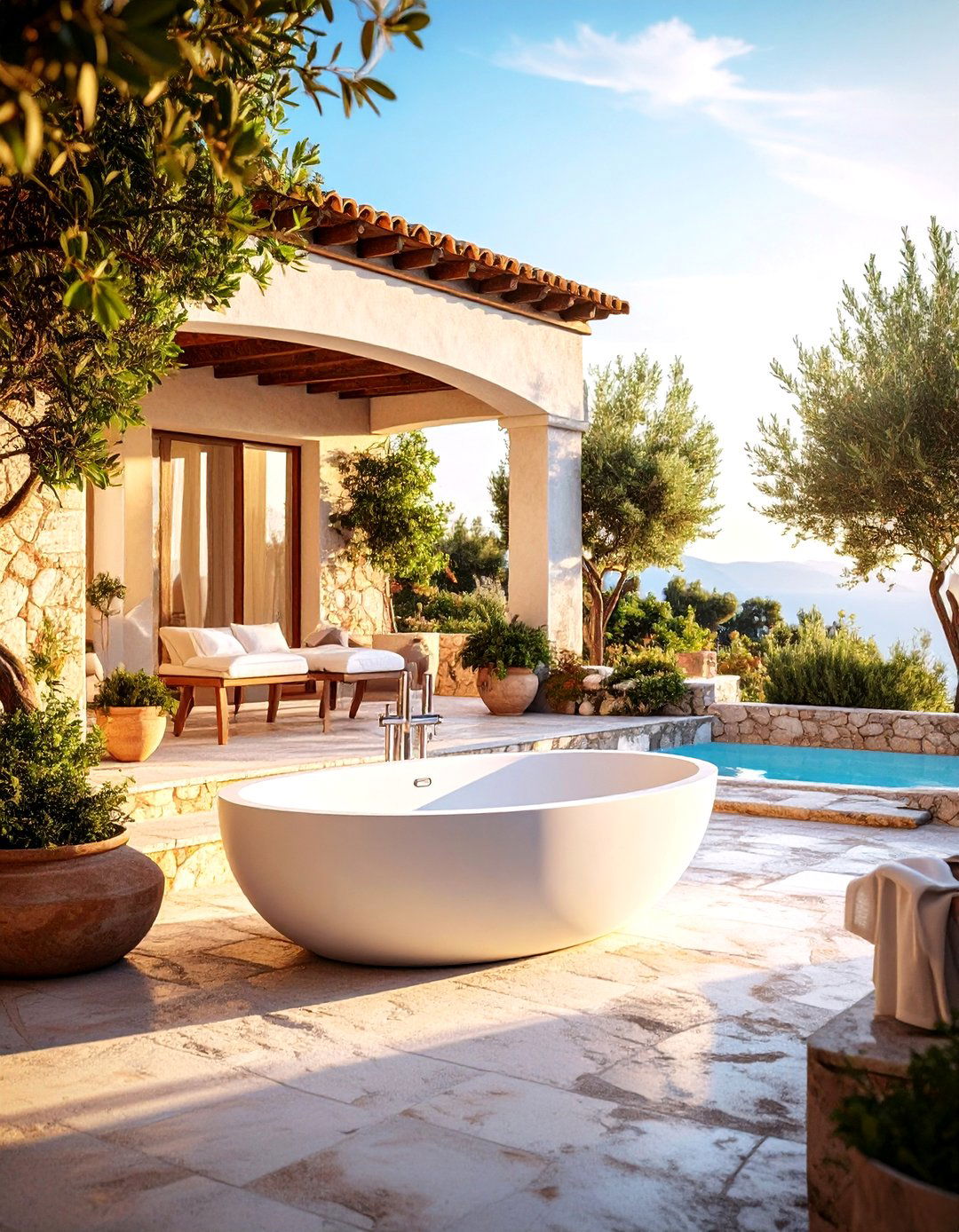 Mediterranean Stone Terrace Elegance - 24 Outdoor Bathtub Ideas