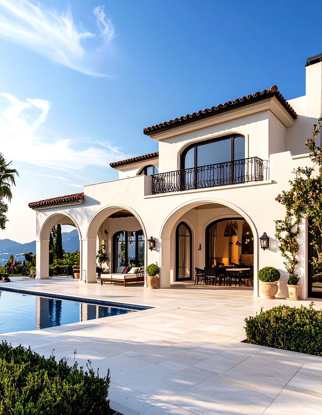 Mediterranean Stucco Villa - 24 White Exterior Home with a Black Roof Ideas