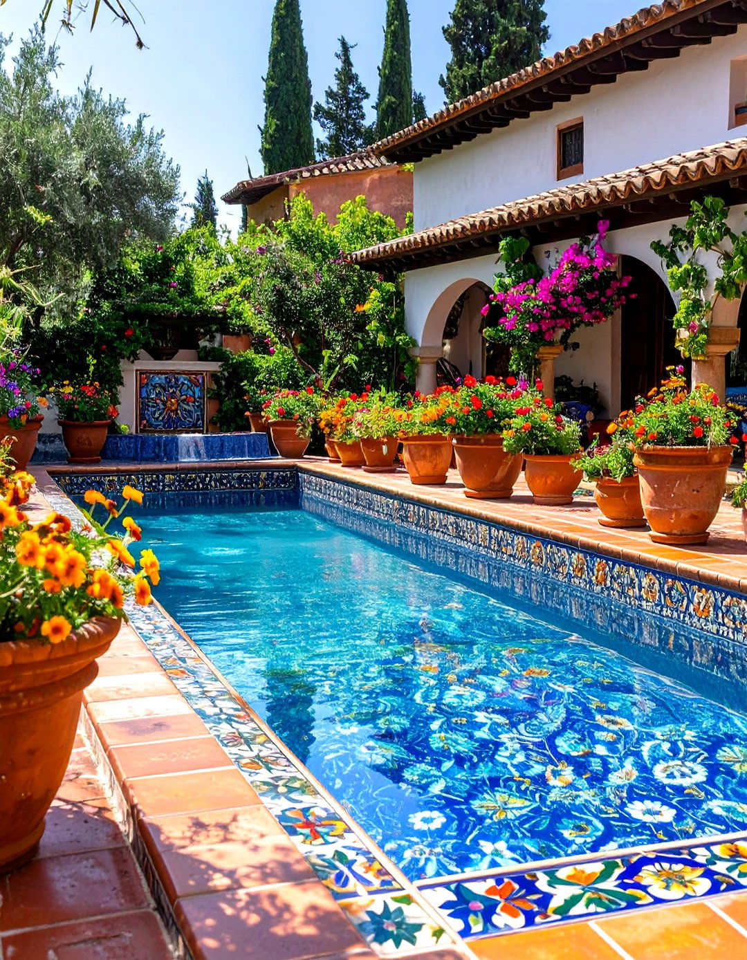 Mediterranean Style Pool Waterline Tiles with Artistic Details - 24 Waterline Pool Tile Ideas