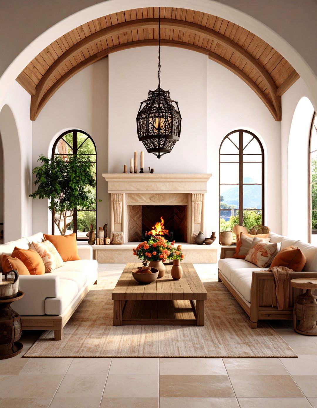 Mediterranean Style Stone Fireplace With Arched Ceiling - 24 Rooms With Fireplaces With Vaulted Ceilings Features