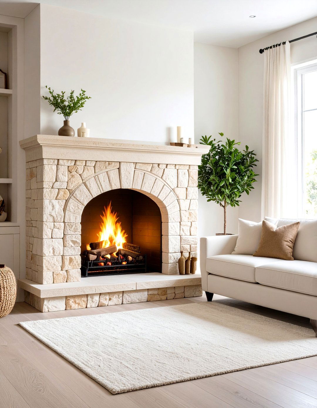 Mediterranean Style Stone Fireplace with Arched Opening - 24 Stone Fireplace Ideas