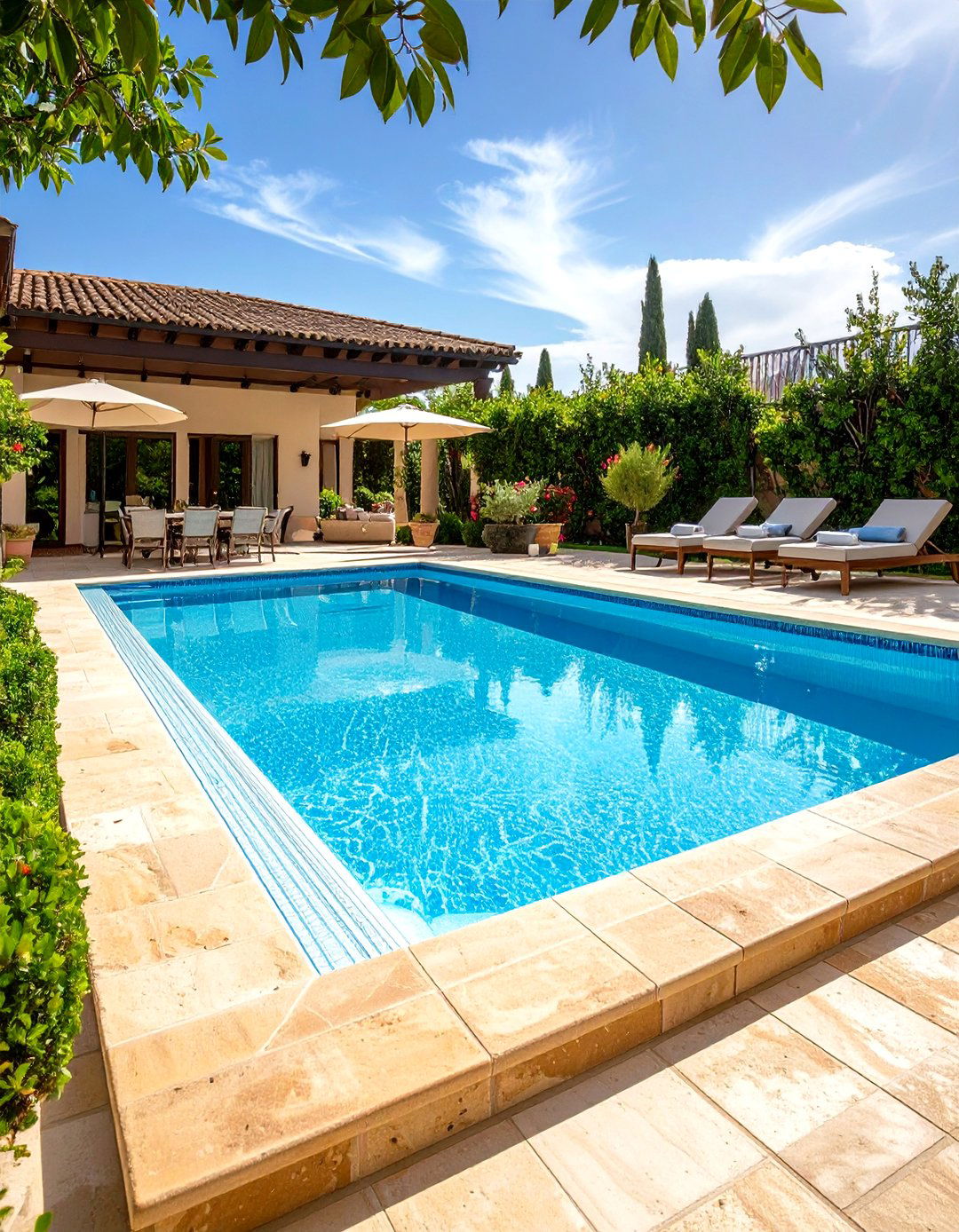 Mediterranean Style Swimming Pool with Travertine Decking - 24 Swimming Pool Ideas
