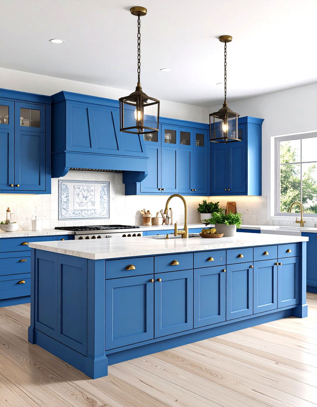 Mediterranean Style with Aegean Blue Cabinets - 24 blue kitchen cabinets with gold hardware