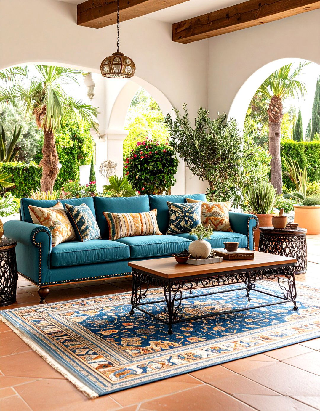 Mediterranean Teal Couch with Warm Earth Tones - 24 Teal Couch Living Room Ideas