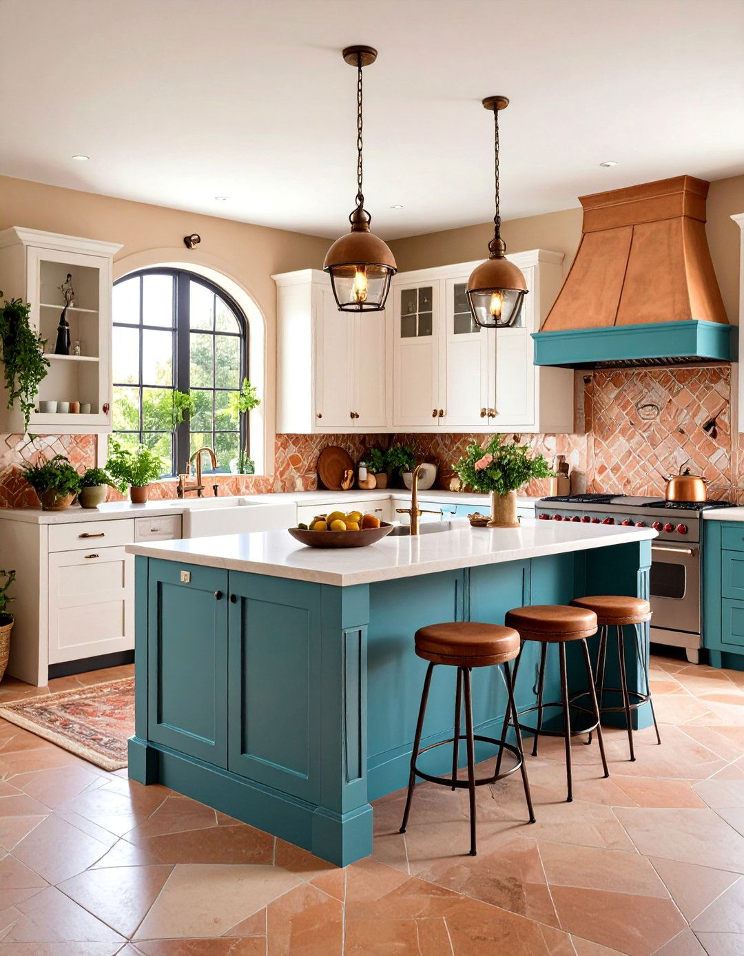 Mediterranean Teal Island Kitchen - 24 White Kitchen Cabinets With Blue Island