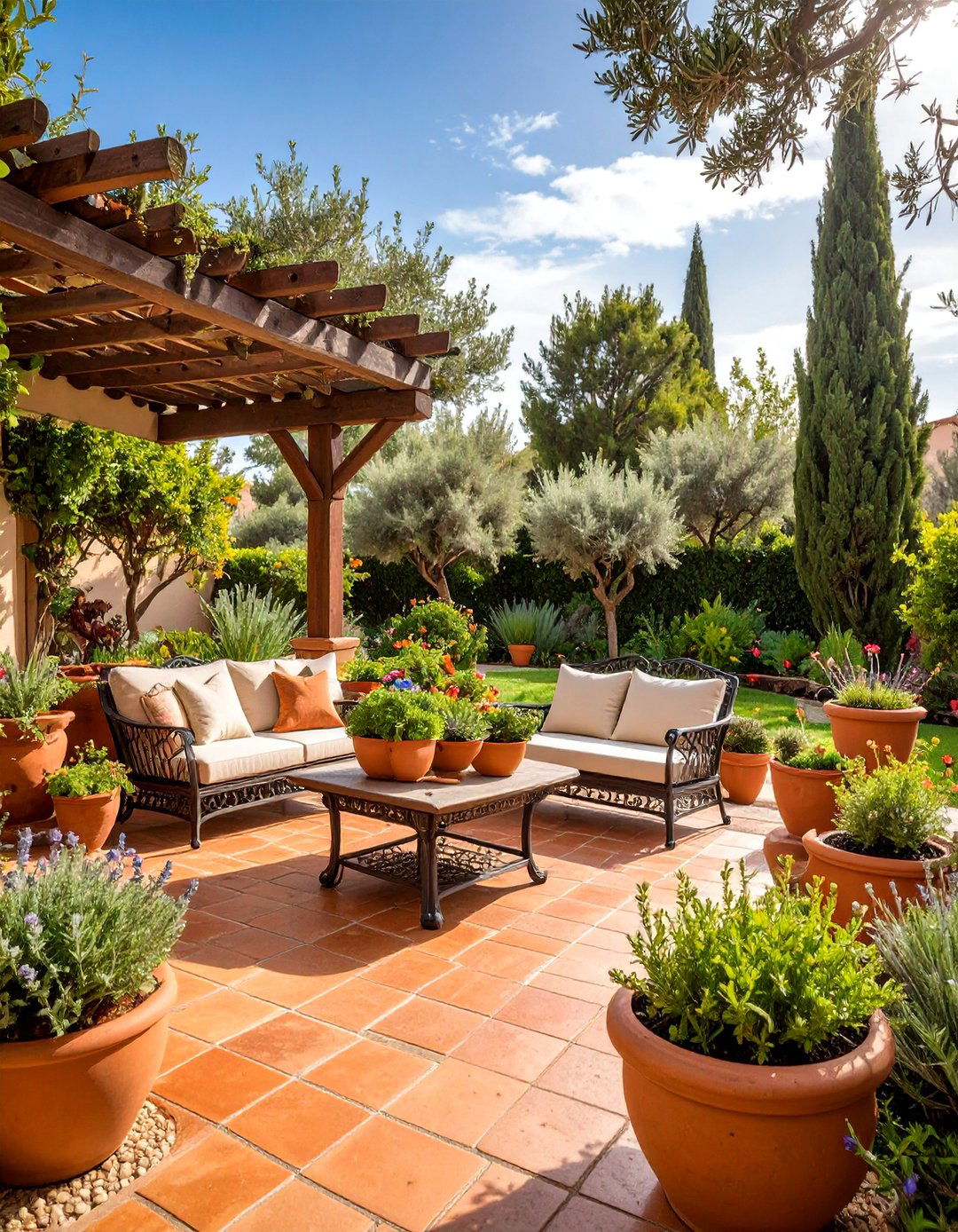 Mediterranean Terracotta Patio with Herb Gardens - 24 Backyard Patio Ideas