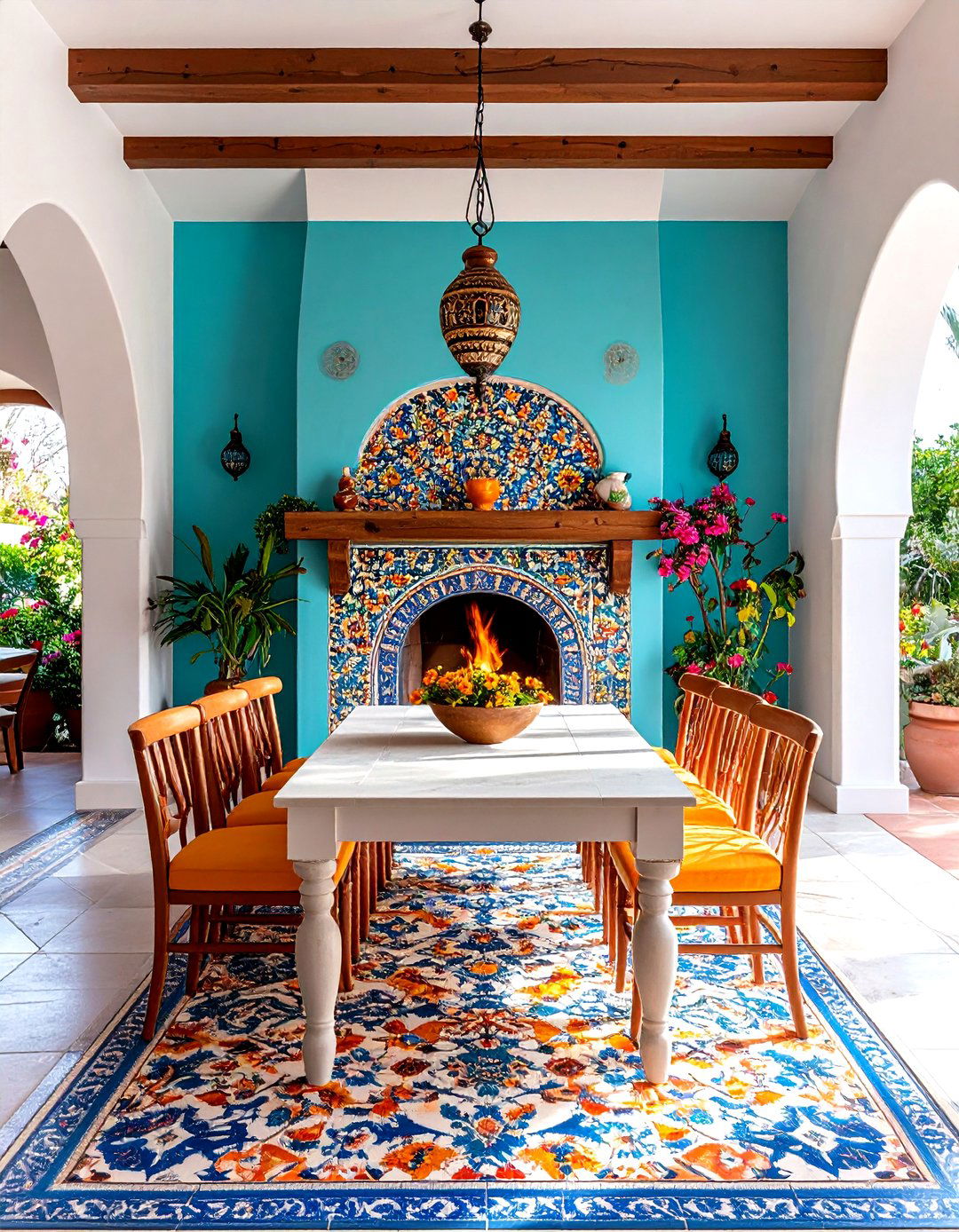 Mediterranean Tile Mosaic Fireplace - 24 Dining Room With Fireplace Ideas