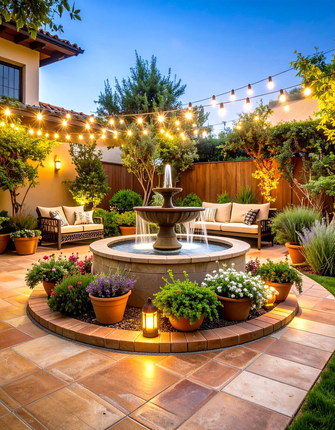 Mediterranean Tile Patio with Fountain Feature - 24 Front Yard Patio Ideas
