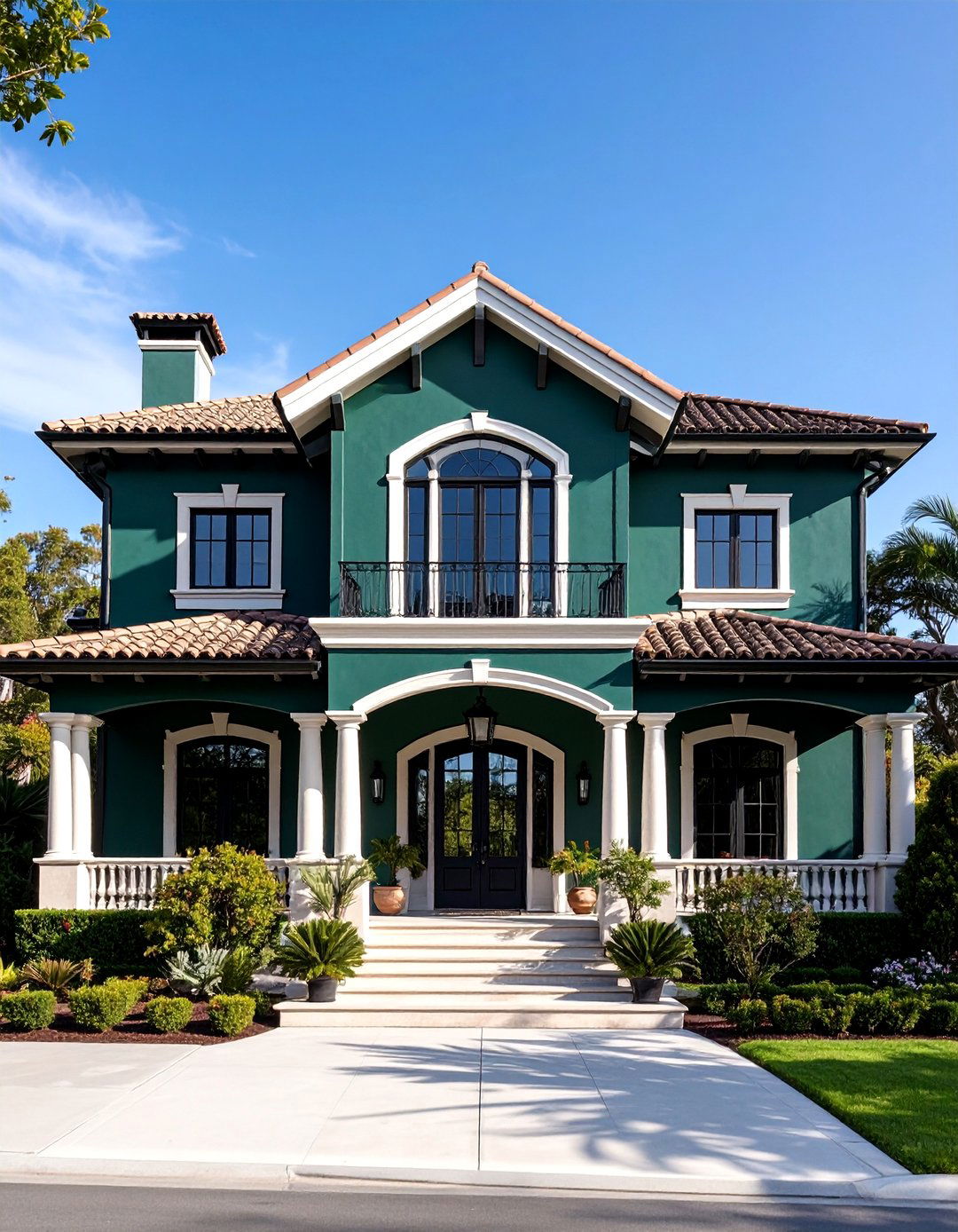 Mediterranean Villa Dark Green with Black Iron Details - 24 Dark Olive Green House With Black Trim