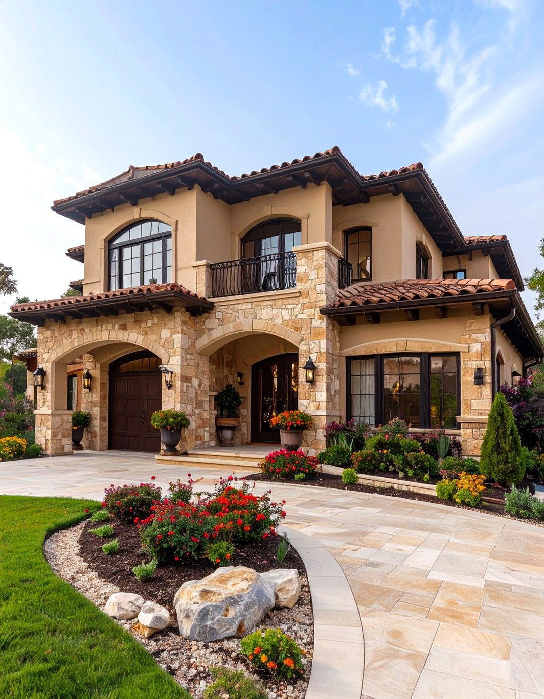 Mediterranean Villa Tan Stone Accents - 24 Tan House With Black Trim Design Ideas