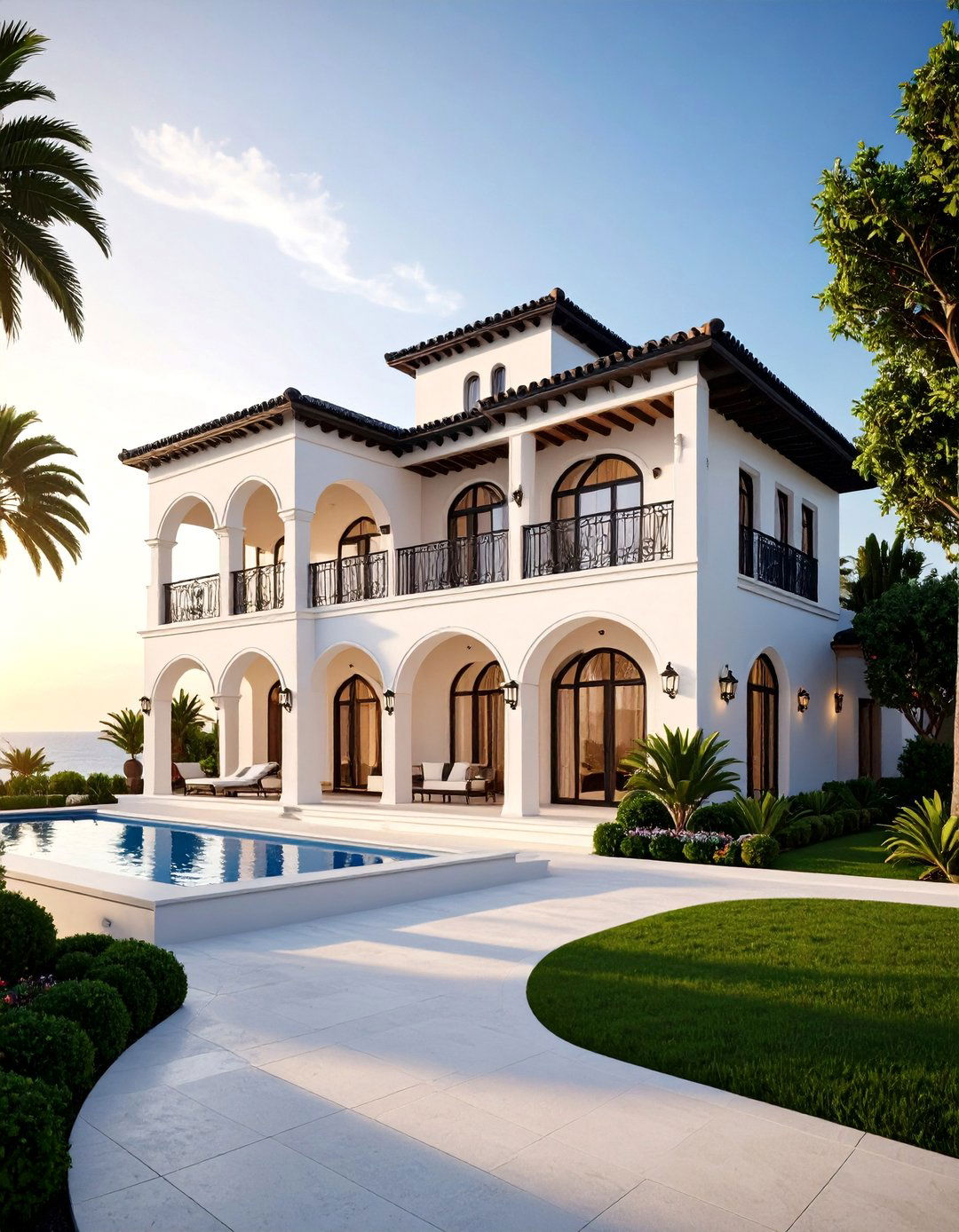 Mediterranean Villa White Stucco with Black Iron Details - 24 Black and White House Exterior Ideas