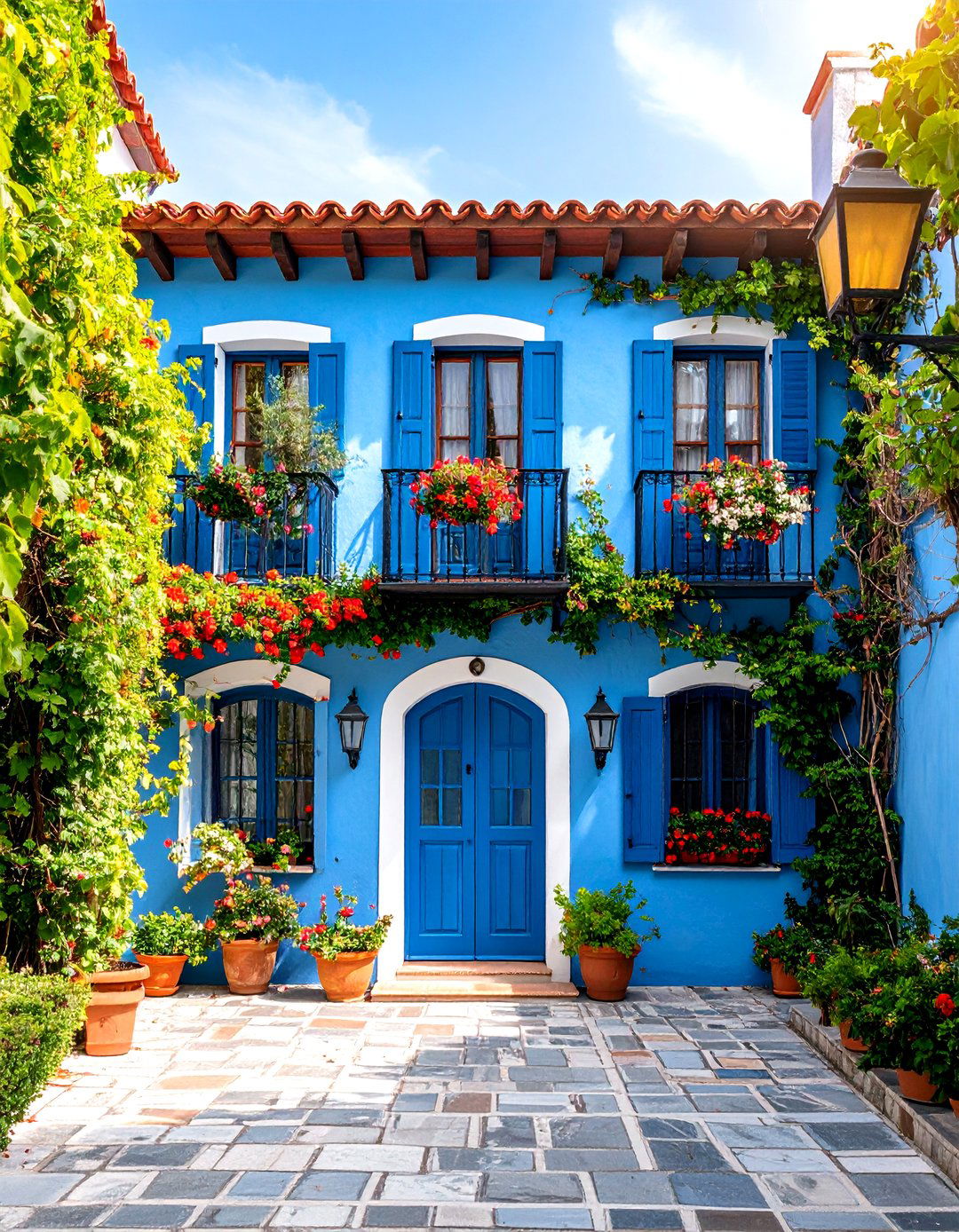 Mediterranean Villa in Cerulean Blue with Charcoal Details - 24 Blue House With Black Trim Ideas