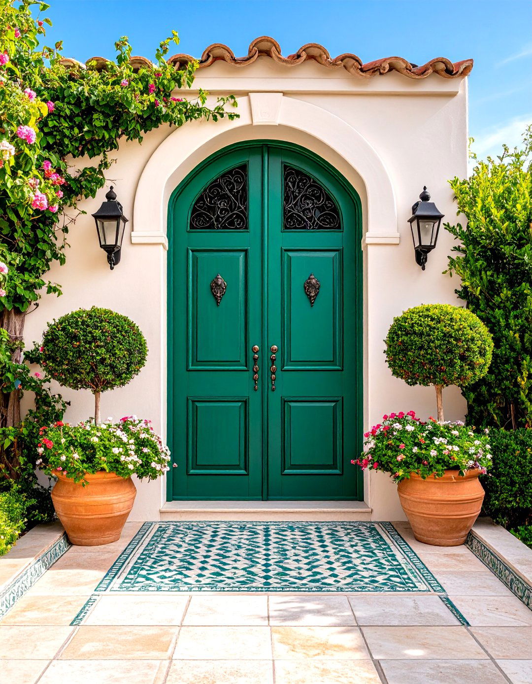 Mediterranean Villa with Arched Doorway - 24 Emerald Green Front Door Ideas
