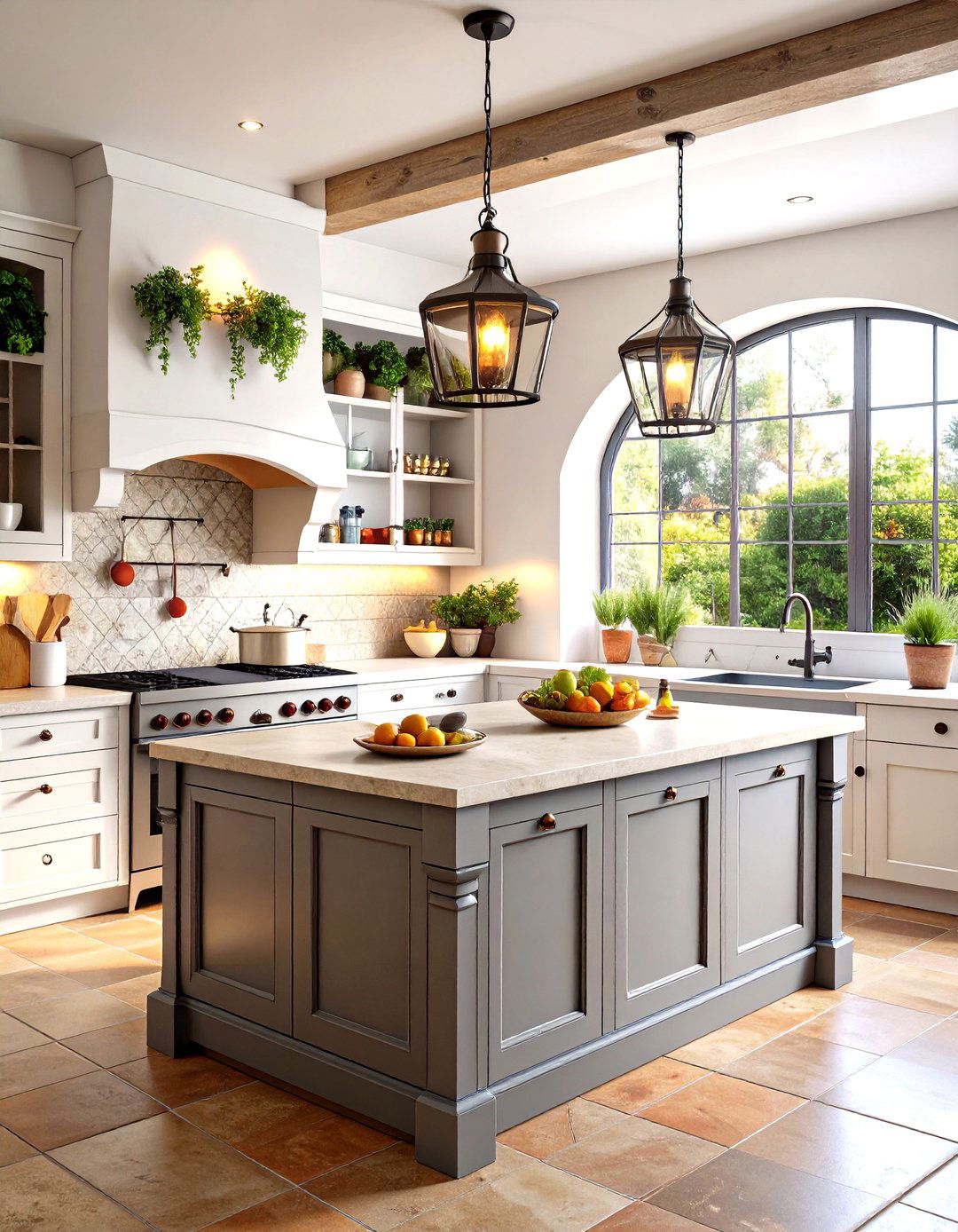 Mediterranean White Cabinets With Pewter Grey Island - 24 White Kitchen Cabinets With Grey Island Ideas