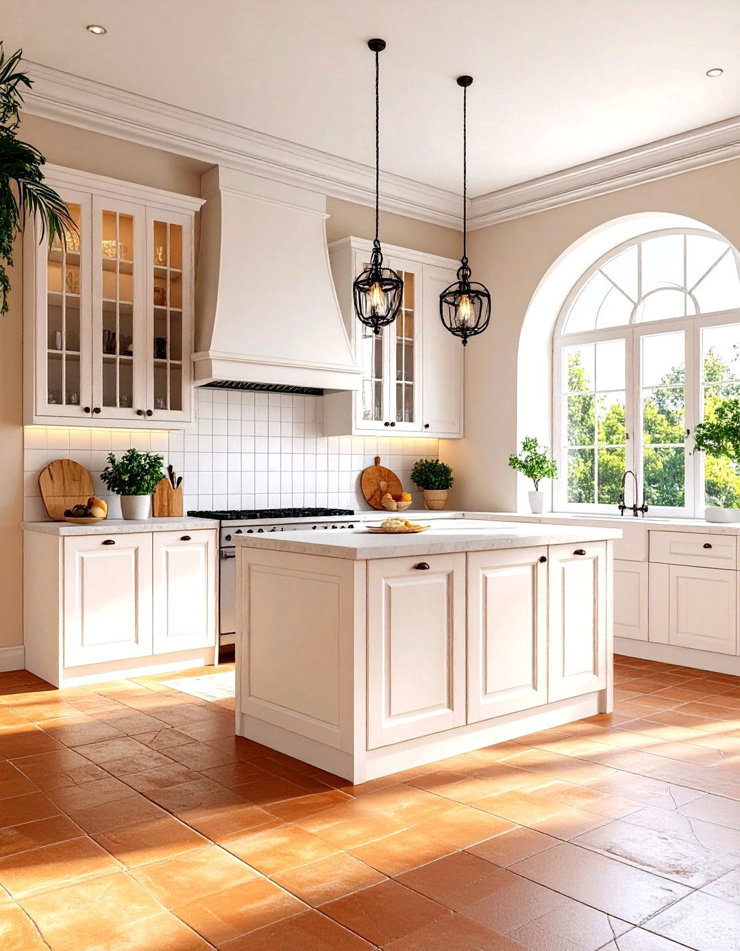 Mediterranean White Kitchen with Arched Window Details - 24 White Kitchen Ideas