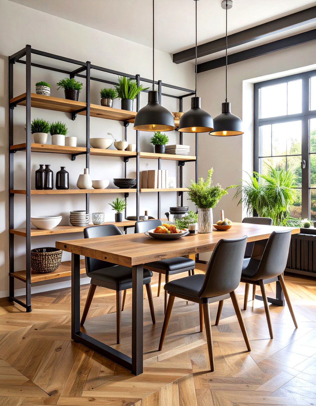 Metal Pipe Shelving Storage - 24 Industrial Dining Room Ideas