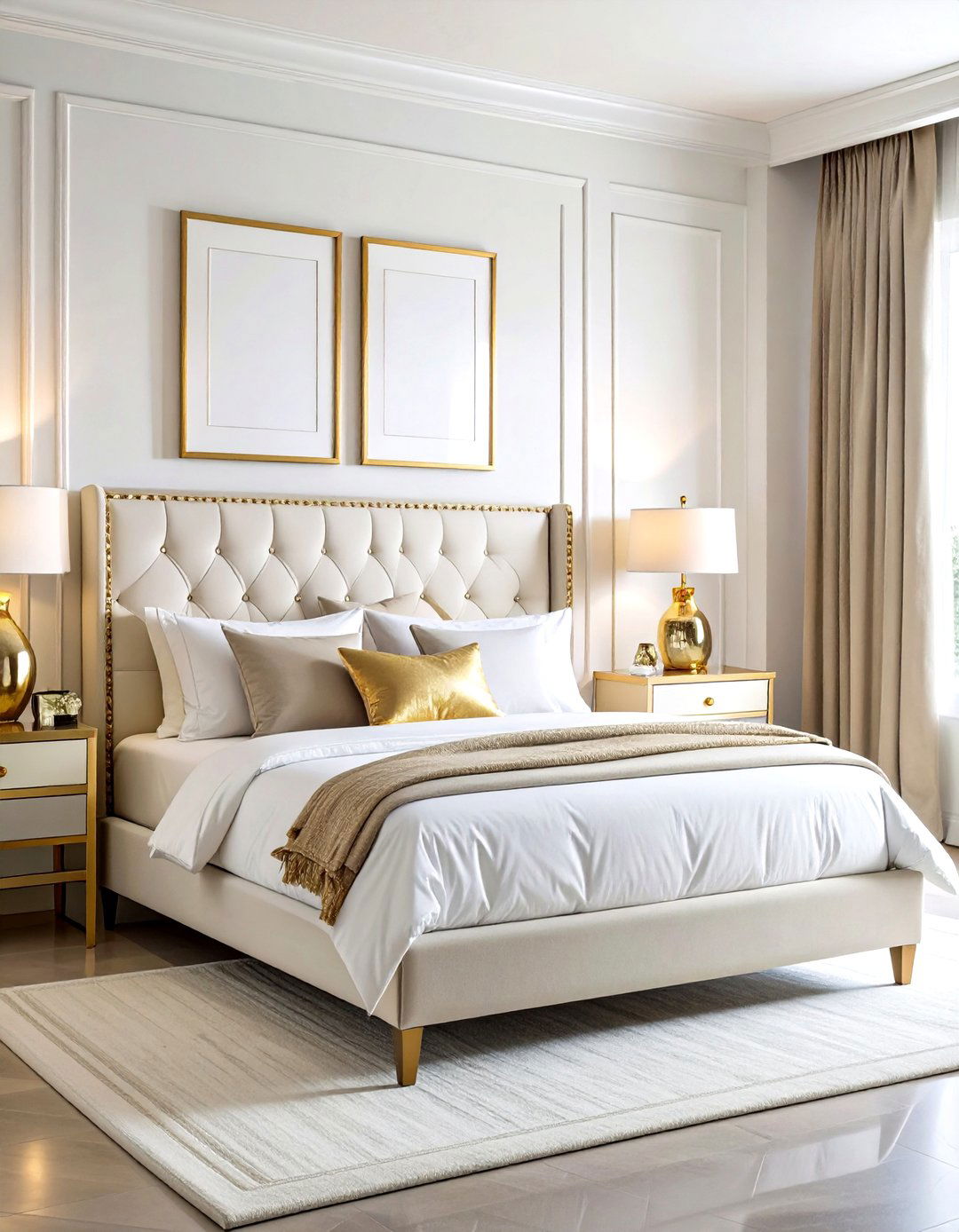Metallic Accent Bedroom with Gold Details - 24 Feminine Black and White Bedroom Ideas