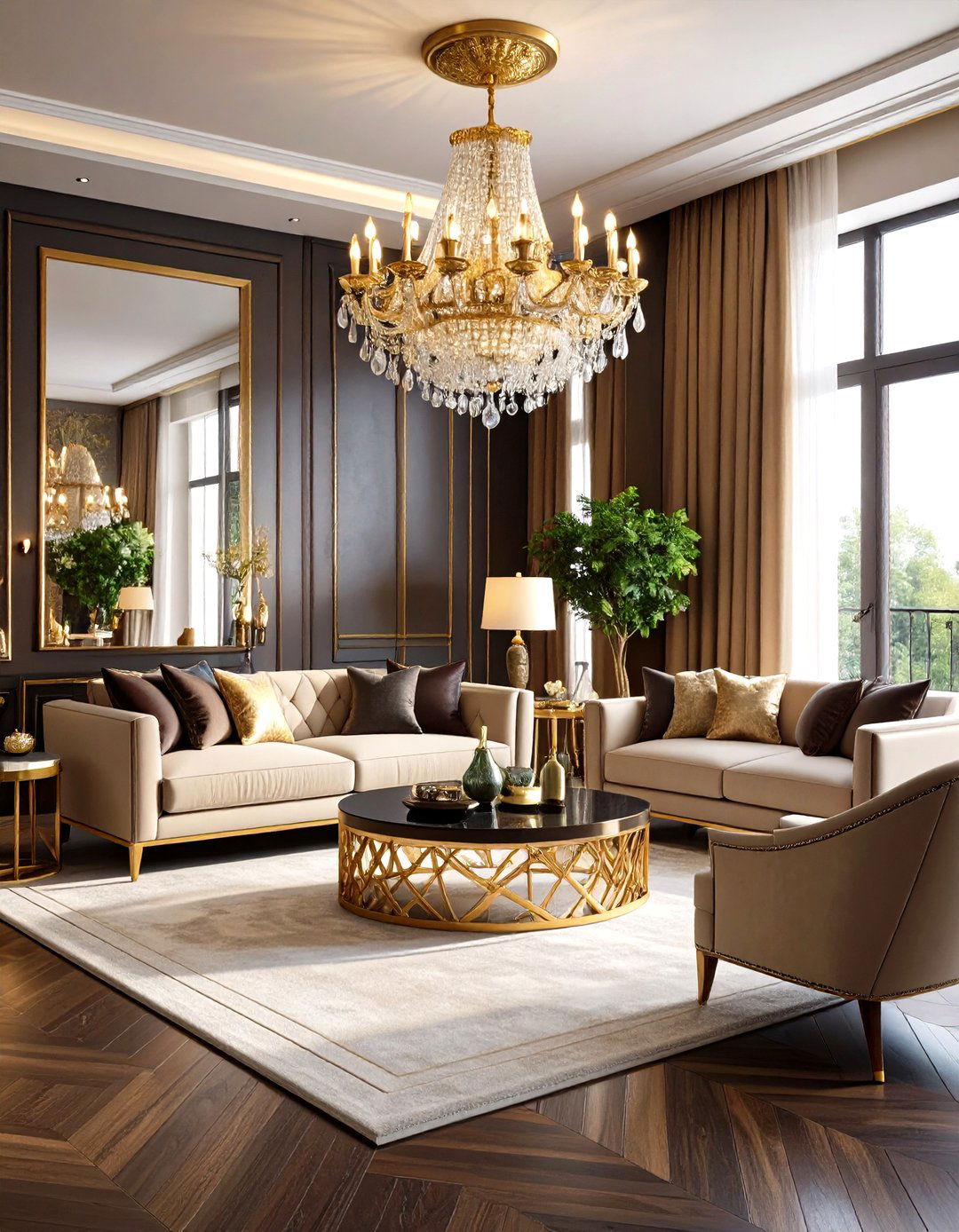 Metallic Accents for Glamorous Appeal - 24 Dark Brown Floor Living Room Ideas