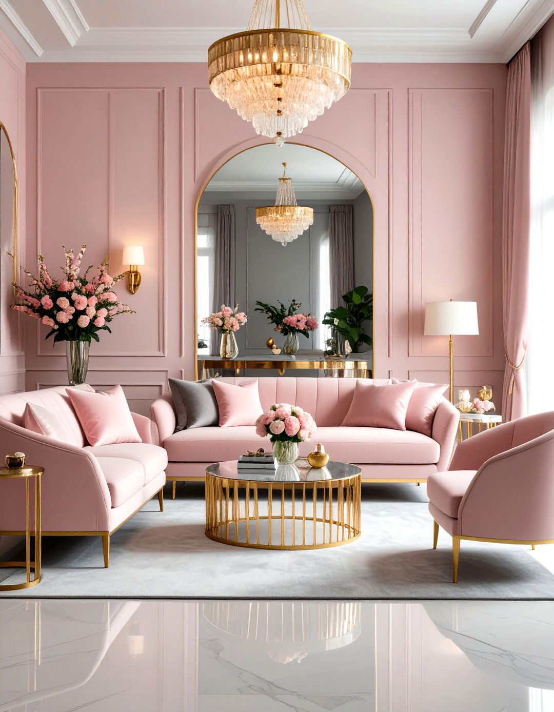 Metallic Accents in Pink and Grey Space - 24 Pink and Grey Living Room Ideas