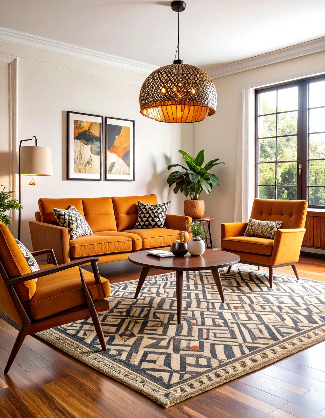 Mid Century Black Walnut and Burnt Orange Living Room - 24 Black and Orange Living Room Ideas