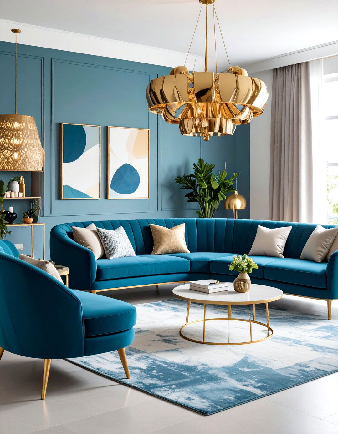 Mid Century Modern Blue and Gold Retro - 24 Blue and Gold Living Room Ideas