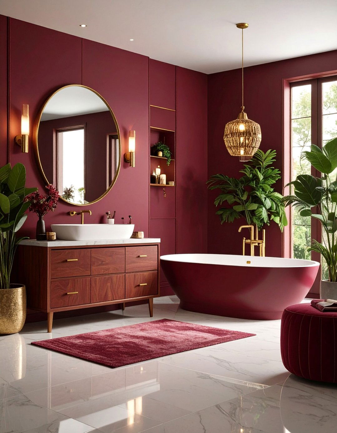 Mid Century Modern Burgundy Elements - 24 Burgundy Bathroom Ideas