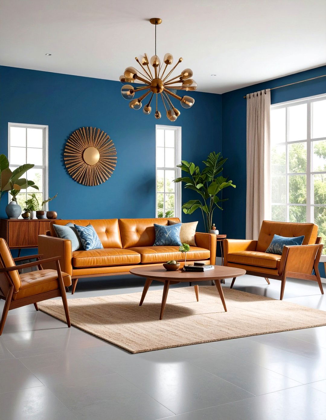 Mid Century Modern Grey Floor with Electric Blue Walls - 24 grey floor living room with blue walls ideas
