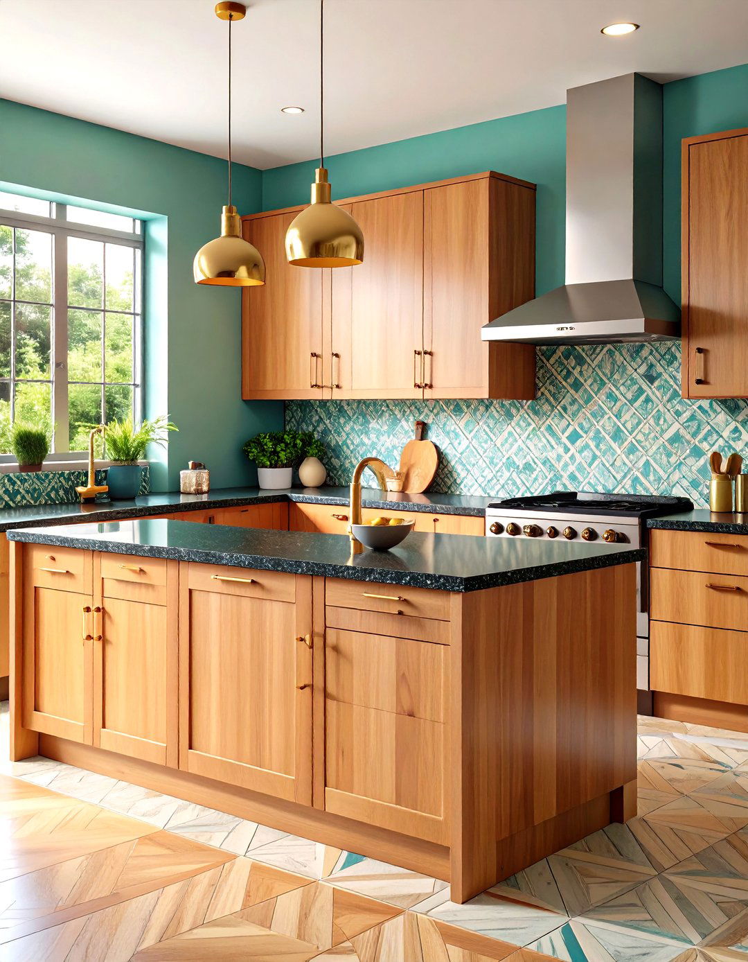 Mid Century Modern Kitchen with Light Wood Cabinets and Black Terrazzo - 24 kitchen with dark countertops and light cabinets