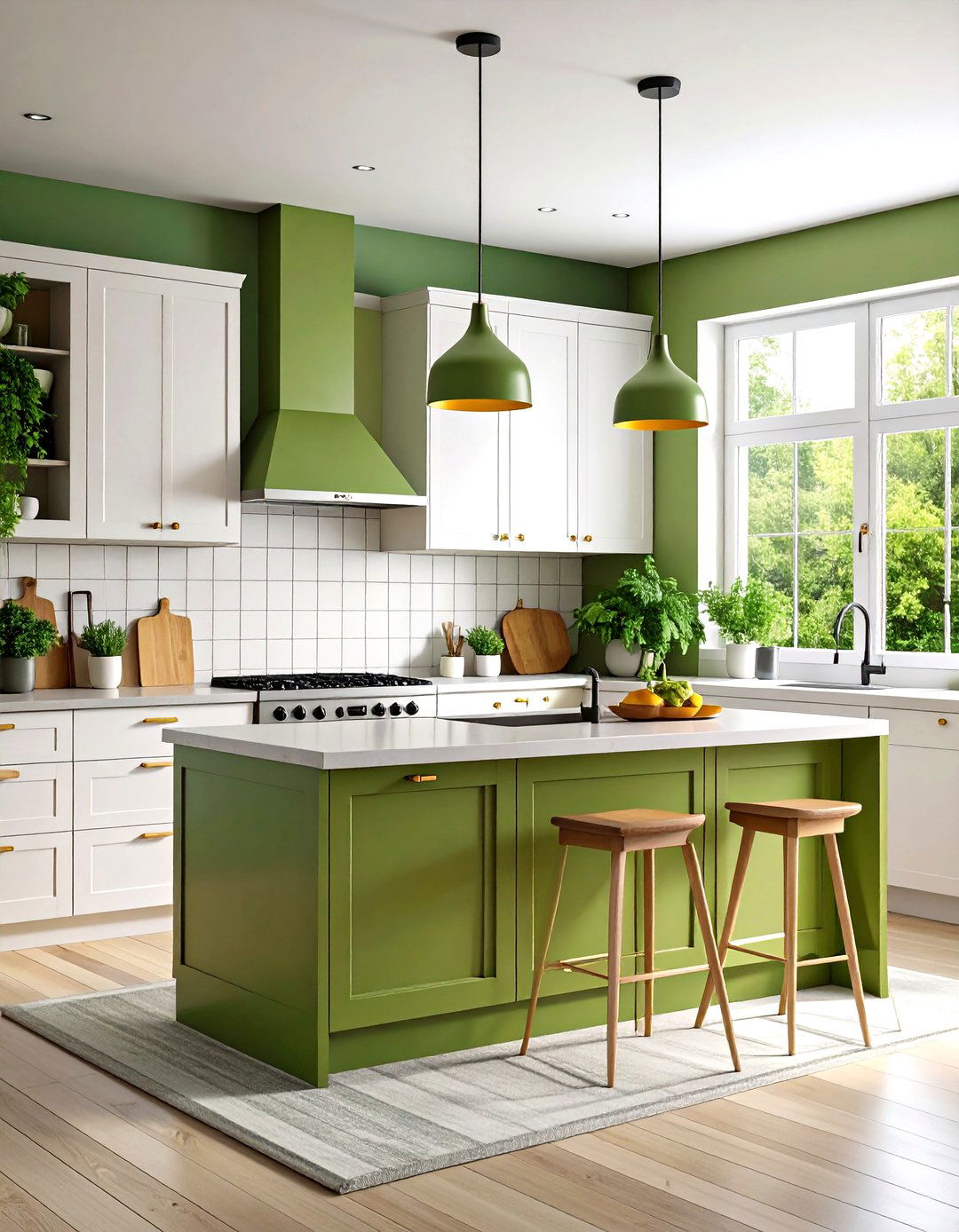 Mid Century Modern Kitchen with Olive Green Island - 24 Olive Green Room Ideas