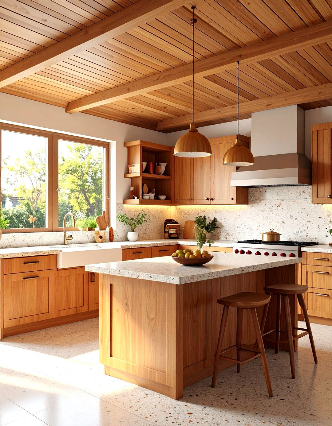 Mid Century Modern Kitchen with Wood Slat Ceiling - 24 Sloped Ceiling Kitchen Ideas