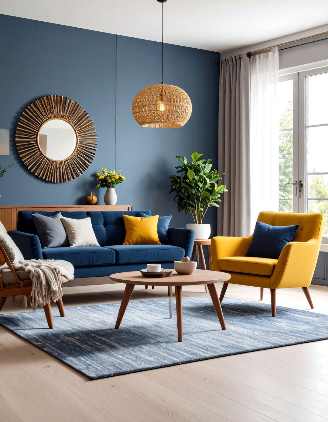Mid Century Modern Navy and Mustard with Grey Base - 24 Navy Blue and Grey Living Room Ideas