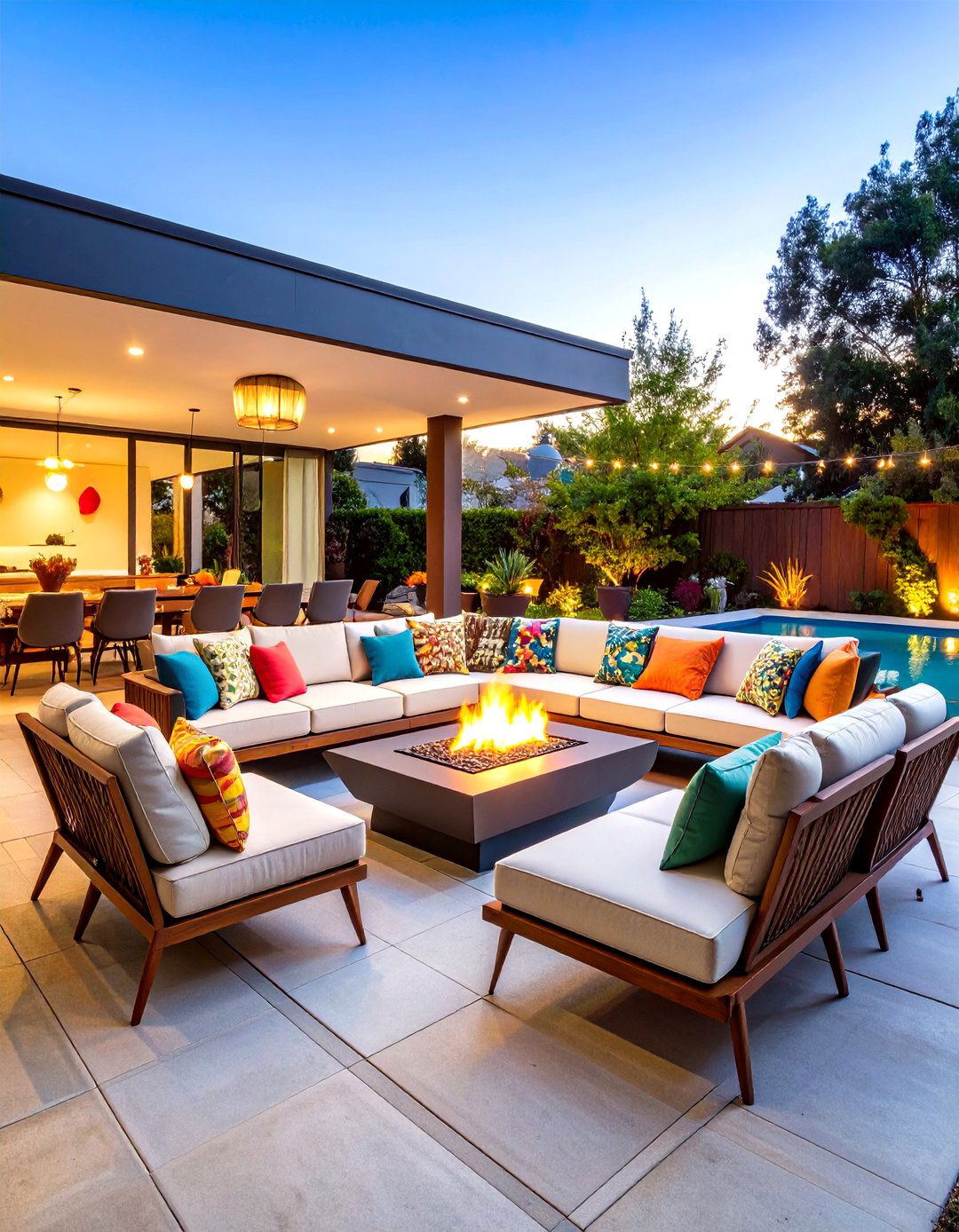 Mid Century Modern Outdoor Lounge with Geometric Patterns - 24 Outdoor Living Room Ideas