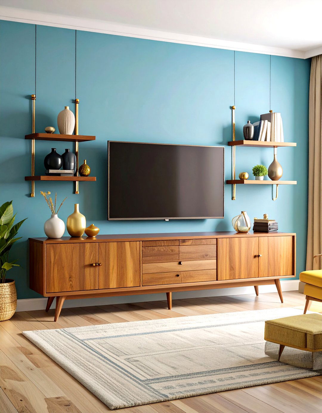 Mid Century Modern TV Wall with Walnut and Brass Accents - 24 Tv Wall Ideas