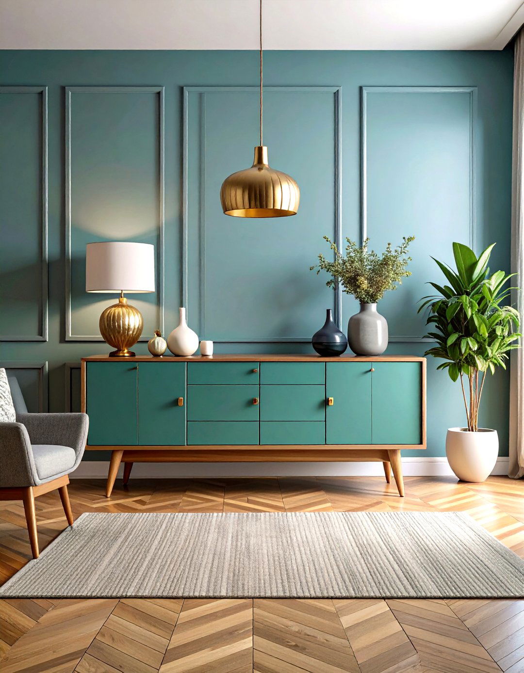 Mid Century Modern Teal Credenza with Warm Grey Furniture - 24 Teal and Grey Living Room Ideas