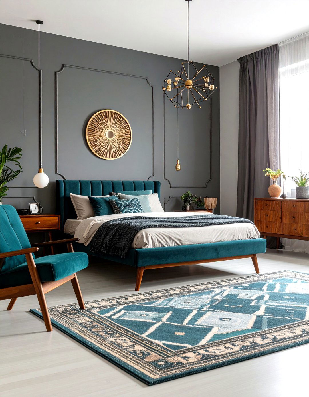 Mid Century Modern Teal and Charcoal Design - 24 Teal and Grey Bedroom Ideas