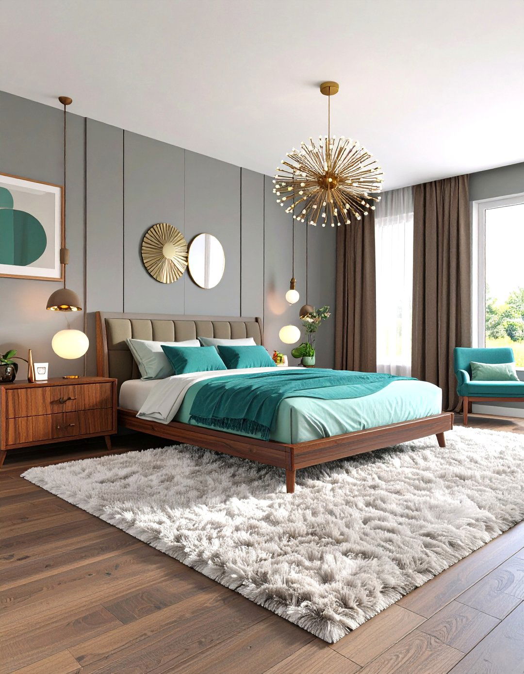 Mid Century Modern Teal and Smoky Grey - 24 Blue and Grey Bedroom Ideas