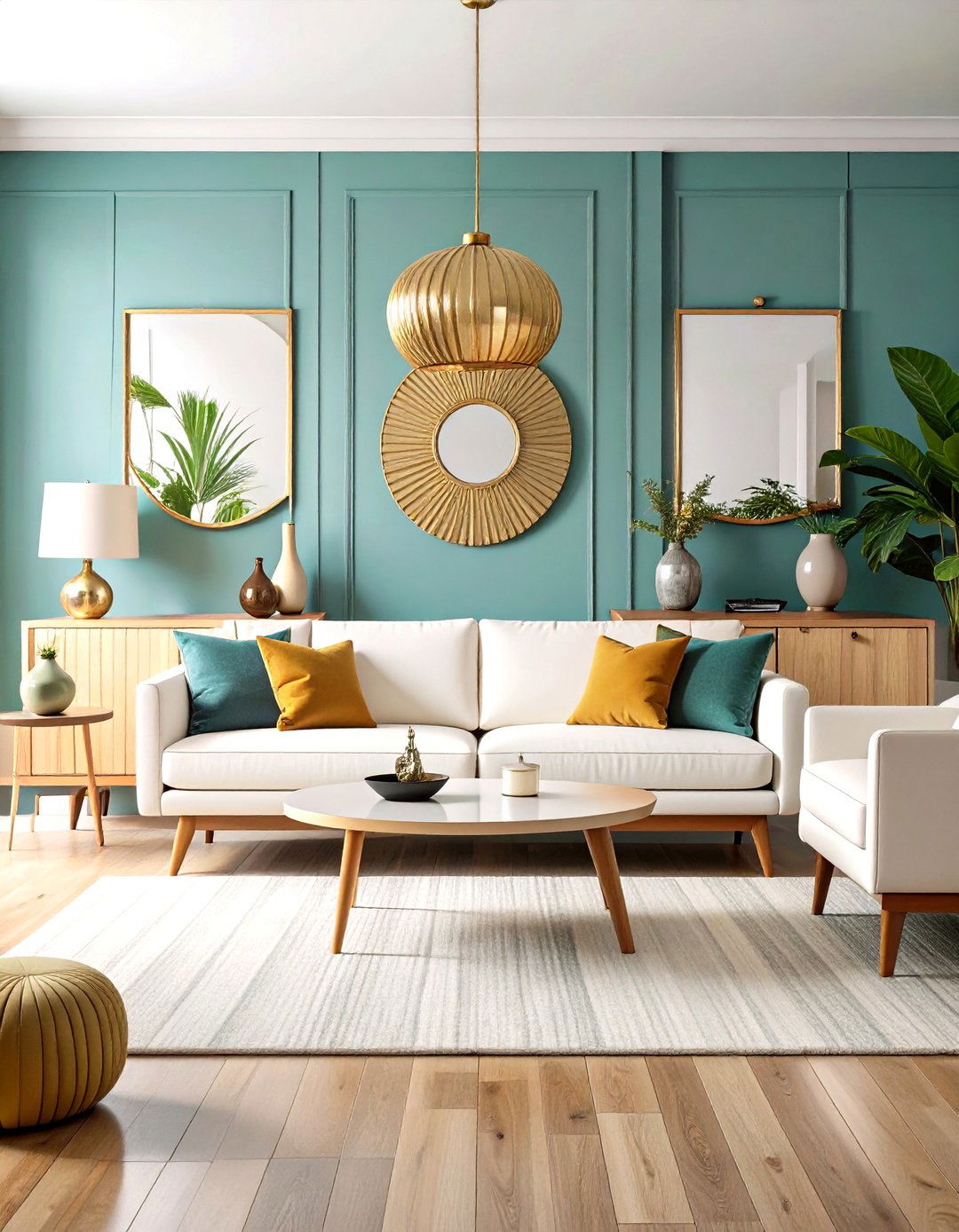 Mid Century Modern White Gold Living Room - 24 White and Gold Living Room Ideas