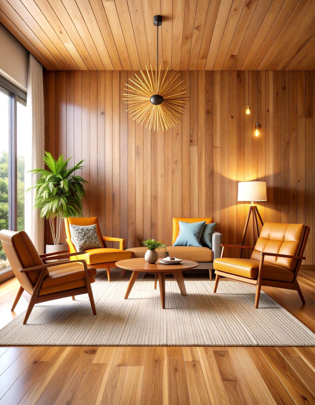 Mid century Modern Living Space with Walnut Shiplap Wall - 24 shiplap accent wall ideas