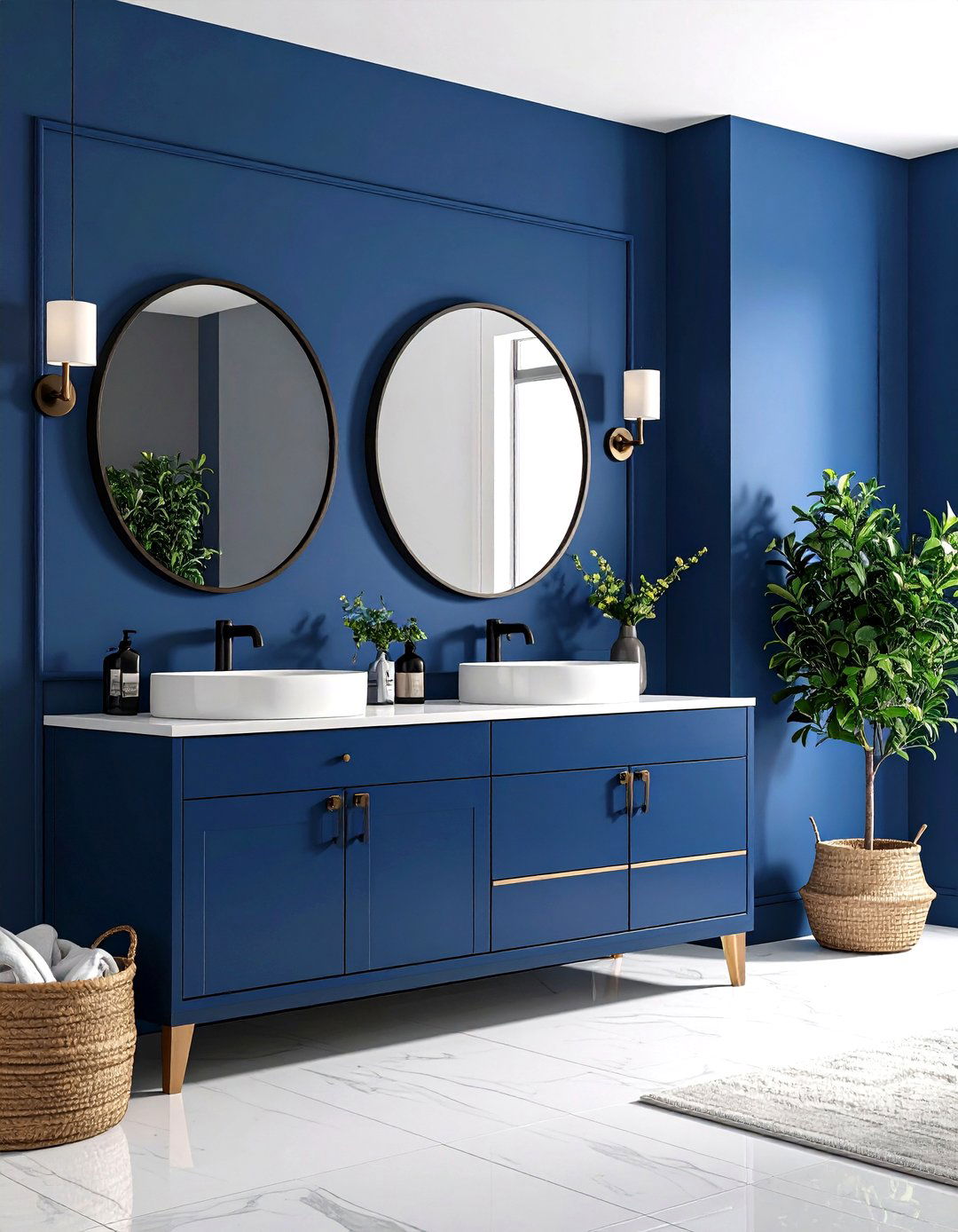 Midnight Blue Accent Wall with Black Hardware - 24 black and blue bathroom ideas