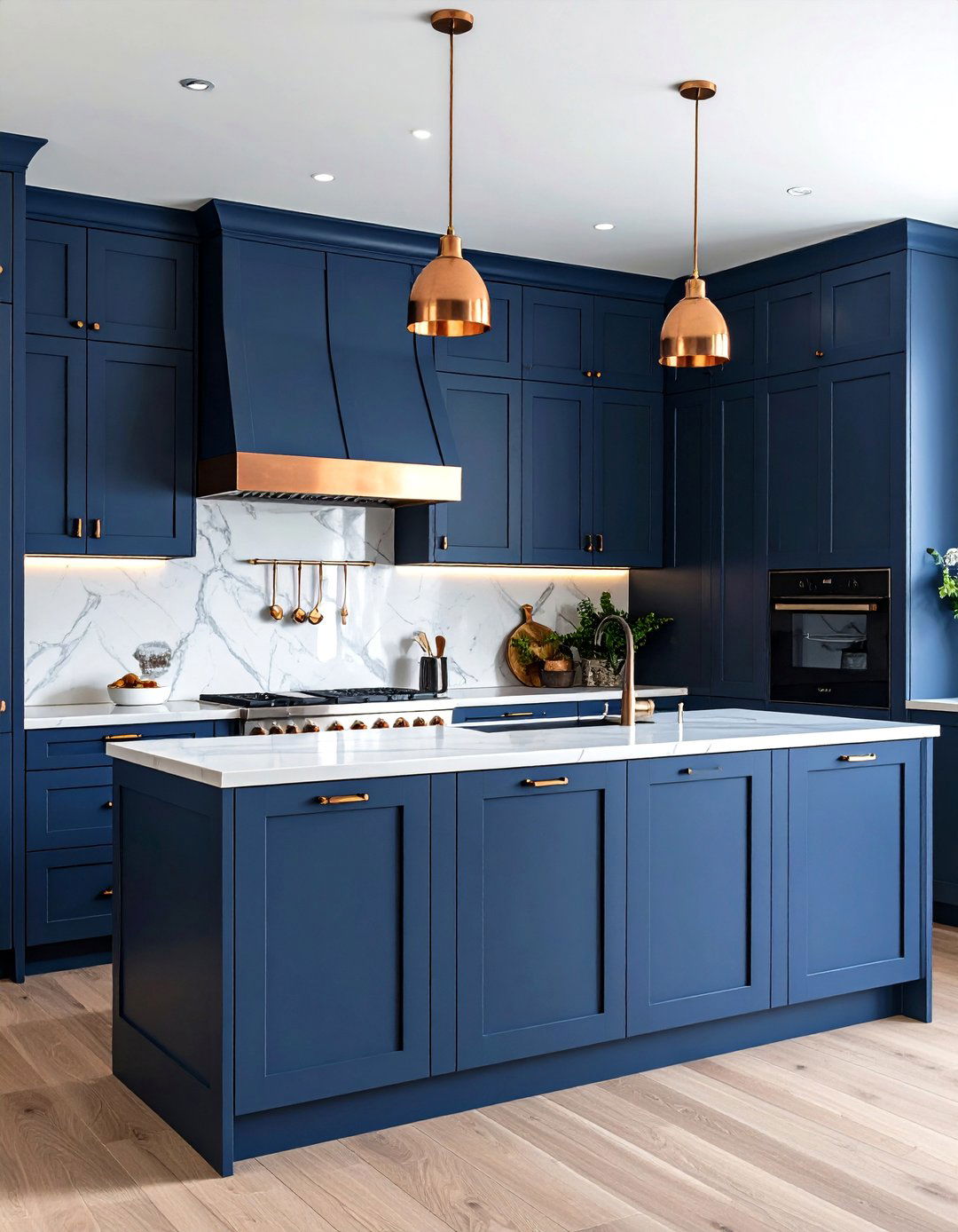 Midnight Blue Cabinets with Copper Accents - 24 Dark Kitchen Ideas