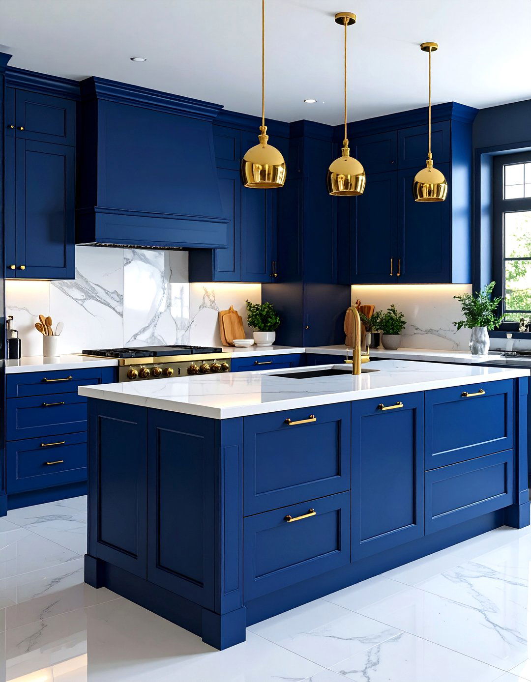 Midnight Blue Cabinets with Gold Hardware - 24 Blue Kitchen Ideas