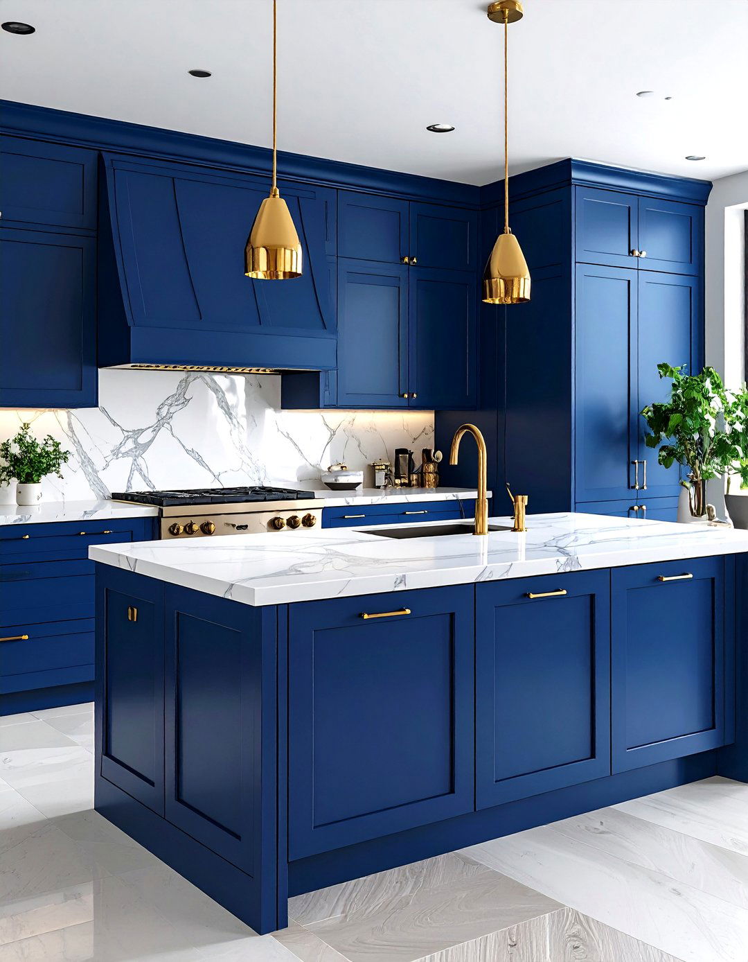 Midnight Blue Cabinets with White Marble Countertops - 24 Blue and White Kitchen Ideas