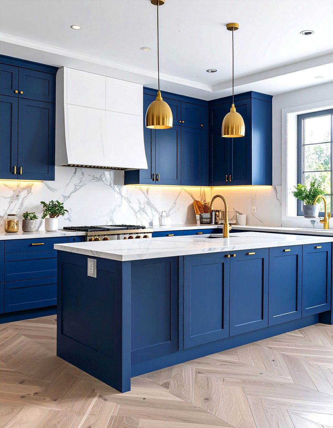 Midnight Blue Lower Cabinets with Gold Accents - 24 blue kitchen cabinets with gold hardware